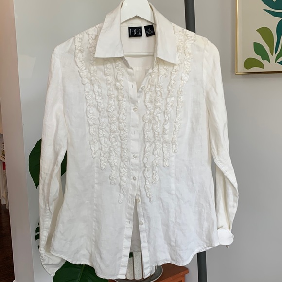 INC International Concepts Tops - Women’s Linen Creamy White ruffled Top ✨